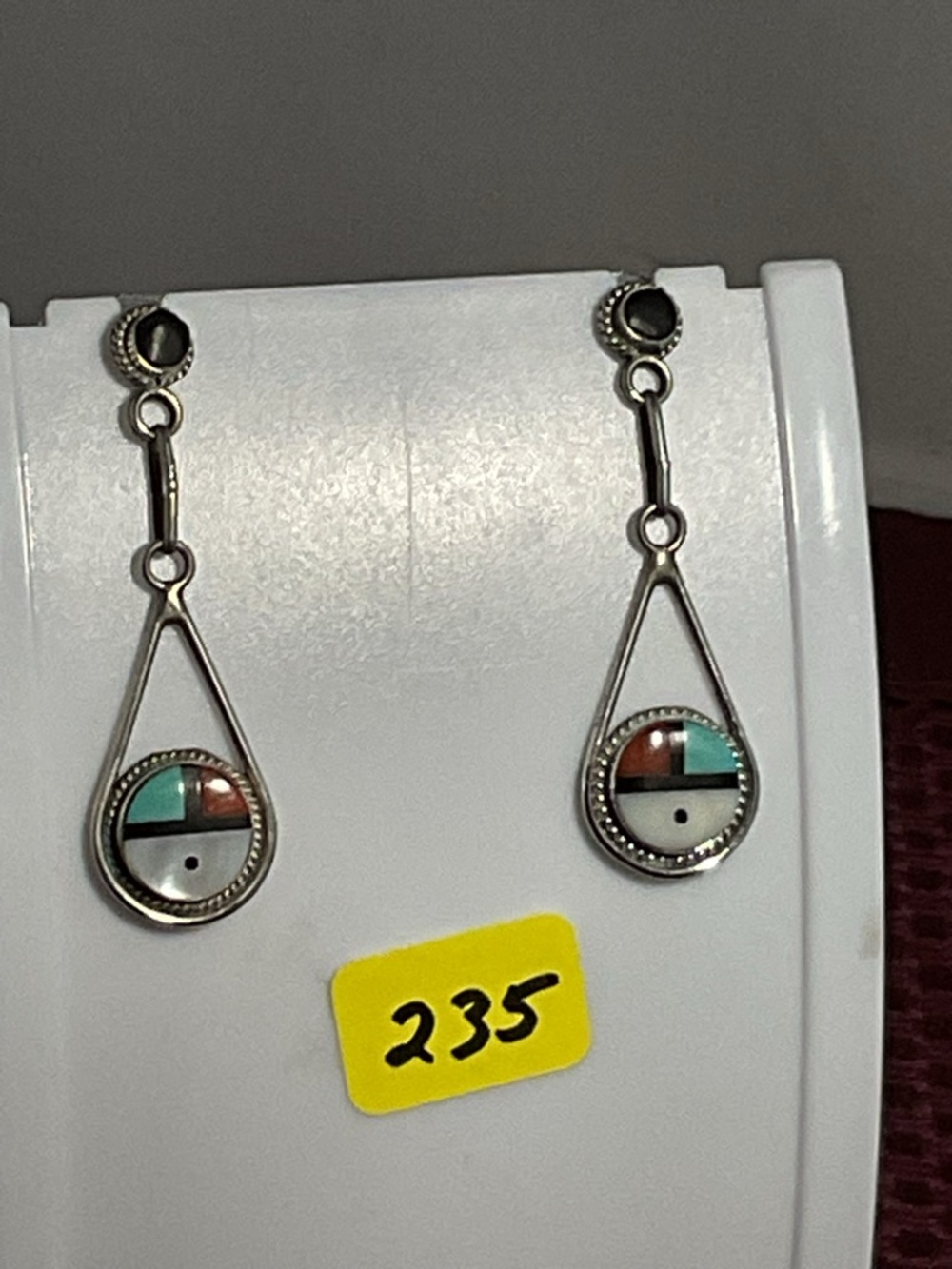 Silver Teardrop Inlay Dangle Earrings with Turquoise and Coral Accents Zuni Sun